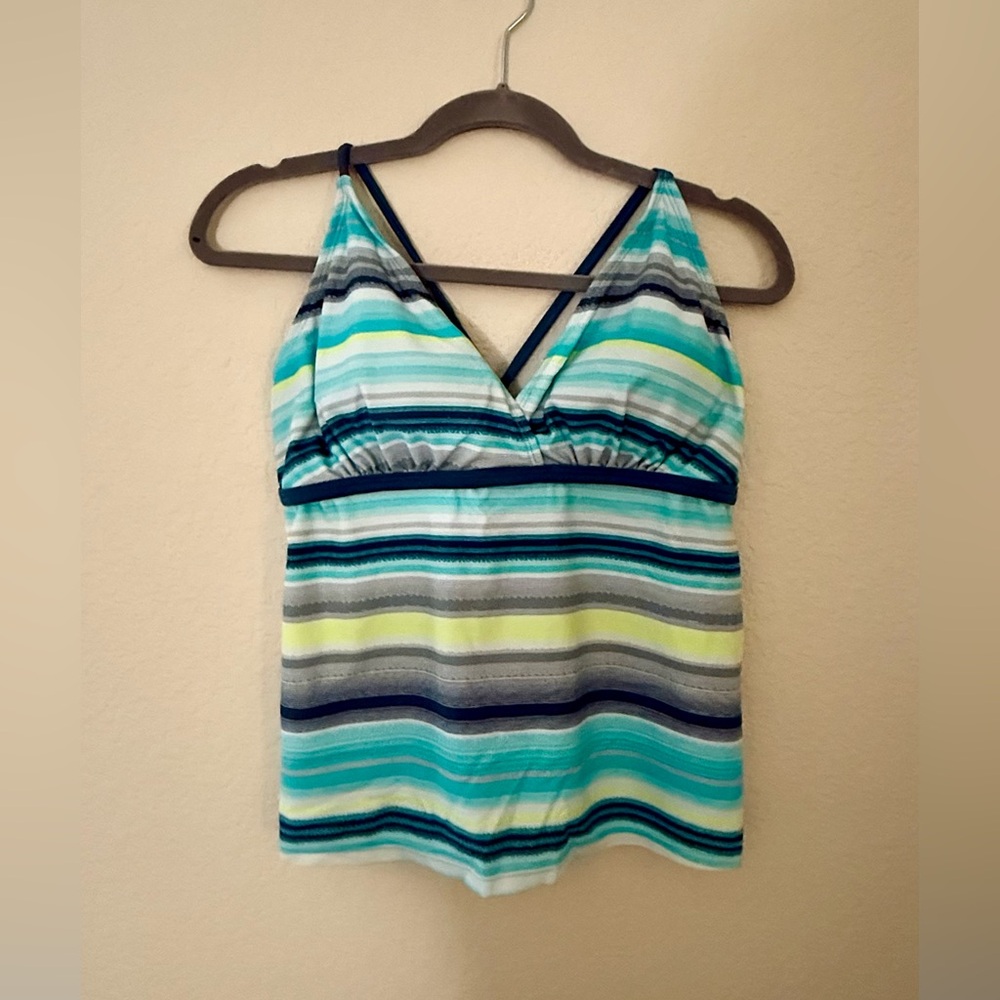 Free Country Striped V-Neck Tankini with shorts in Teal, Navy & Light Gray